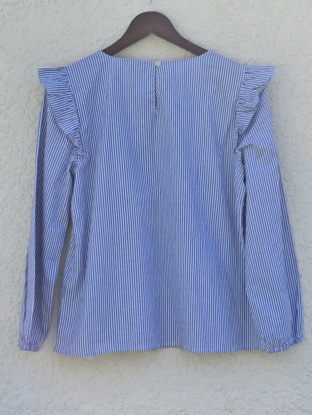 J. Crew Blue & White Striped Ruffle Shoulder Long Sleeve Blouse - Size M - Picture 3 of 12